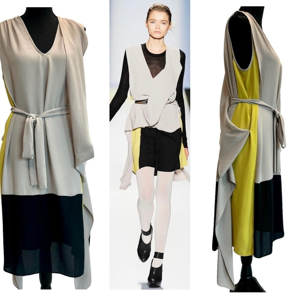BCBGMaxazria Runway Fall 2010 gray black lime green draped sleeveless dress Sz M